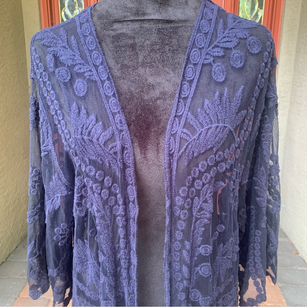 Midnight Blue Coastal Boho Glam Lace Open Front Cardigan - Picture 2 of 6